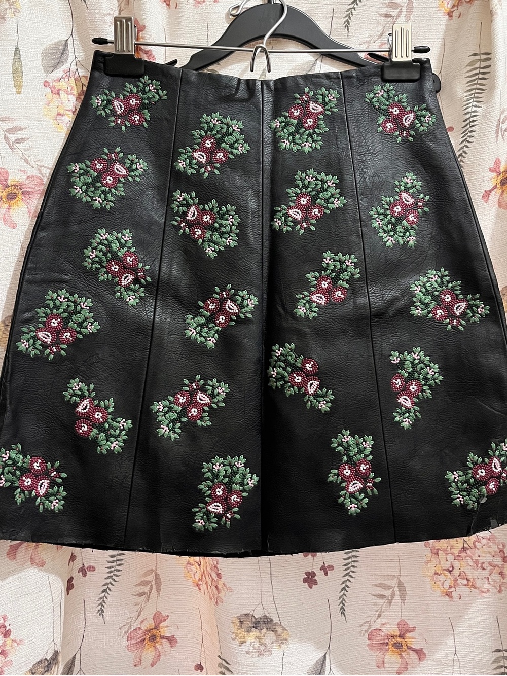 Club Monaco Black Mini Skirt with Burgundy and Green Floral Embroidery Clusters